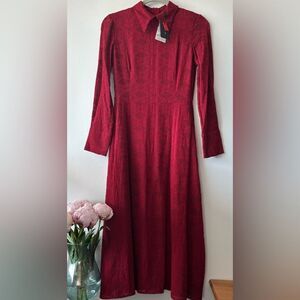 Massimo Dutti Wine Red Long Sleeve Midi Dress